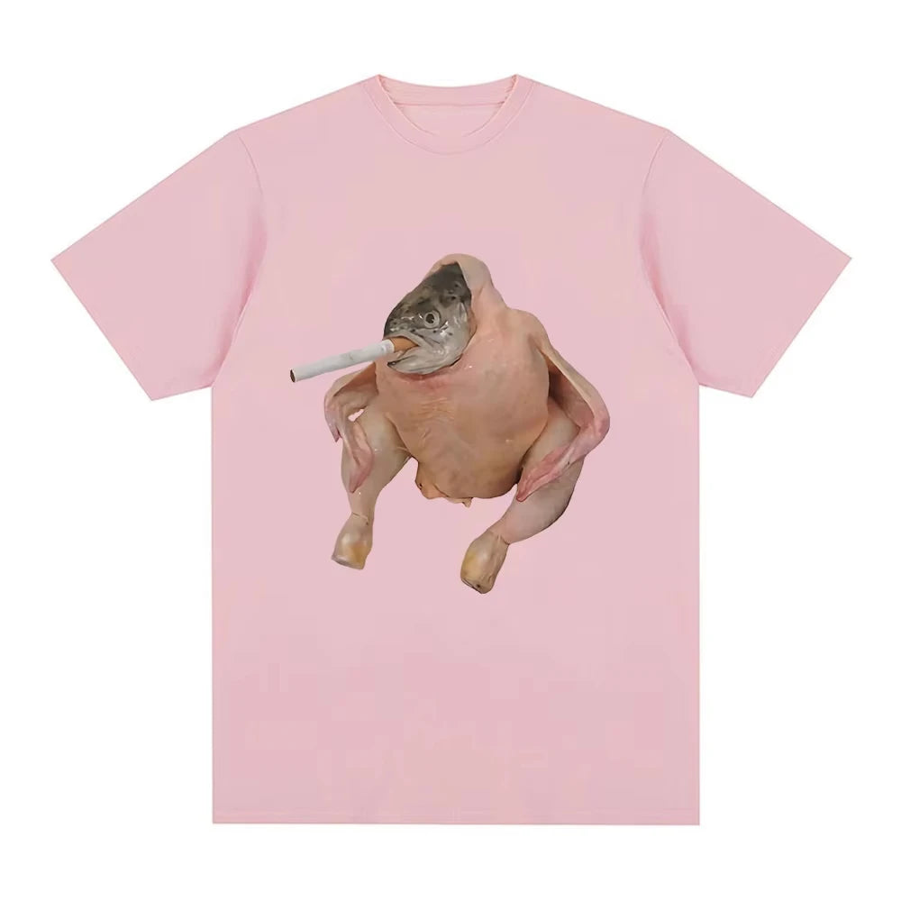 Fish Face Chicken Smoking A Cigarette Meme T Shirts Funny Men's Women Clothing Harajuku T-shirt Unisex Cotton Graphic T Shirts